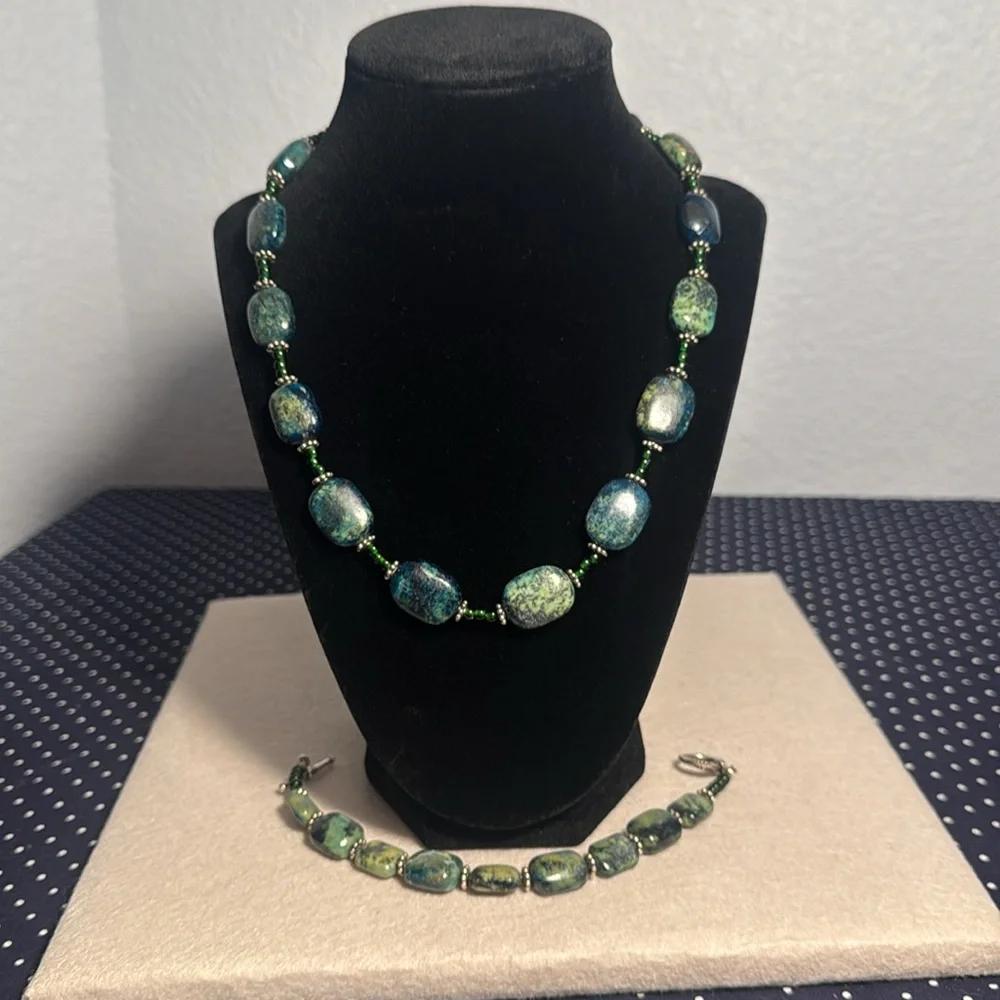 Handmade Moss Agate Beaded Necklace & Bracelet Set Green Stone Jewelry